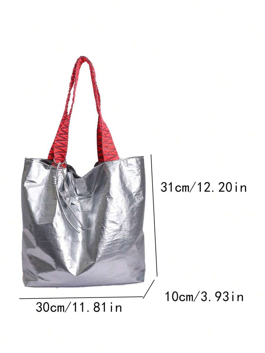 Niche Pleated Shiny Tote Bag, Neon Contrast Woven Handles, Eye-Catching Design, Side Drawstring Adjustable Shape, Large Capacity, Suitable For Daily Commute And Street Photography, Hot Girl Style
