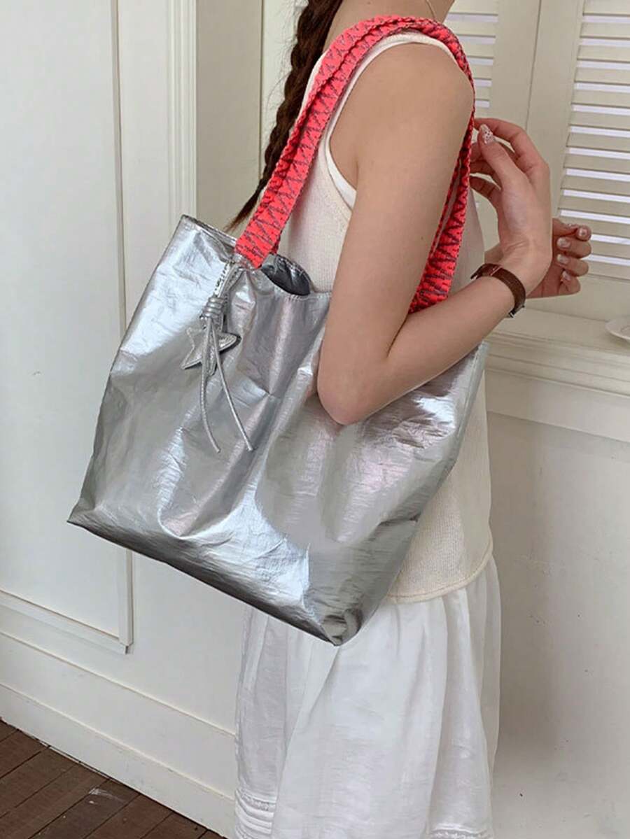 Niche Pleated Shiny Tote Bag, Neon Contrast Woven Handles, Eye-Catching Design, Side Drawstring Adjustable Shape, Large Capacity, Suitable For Daily Commute And Street Photography, Hot Girl Style