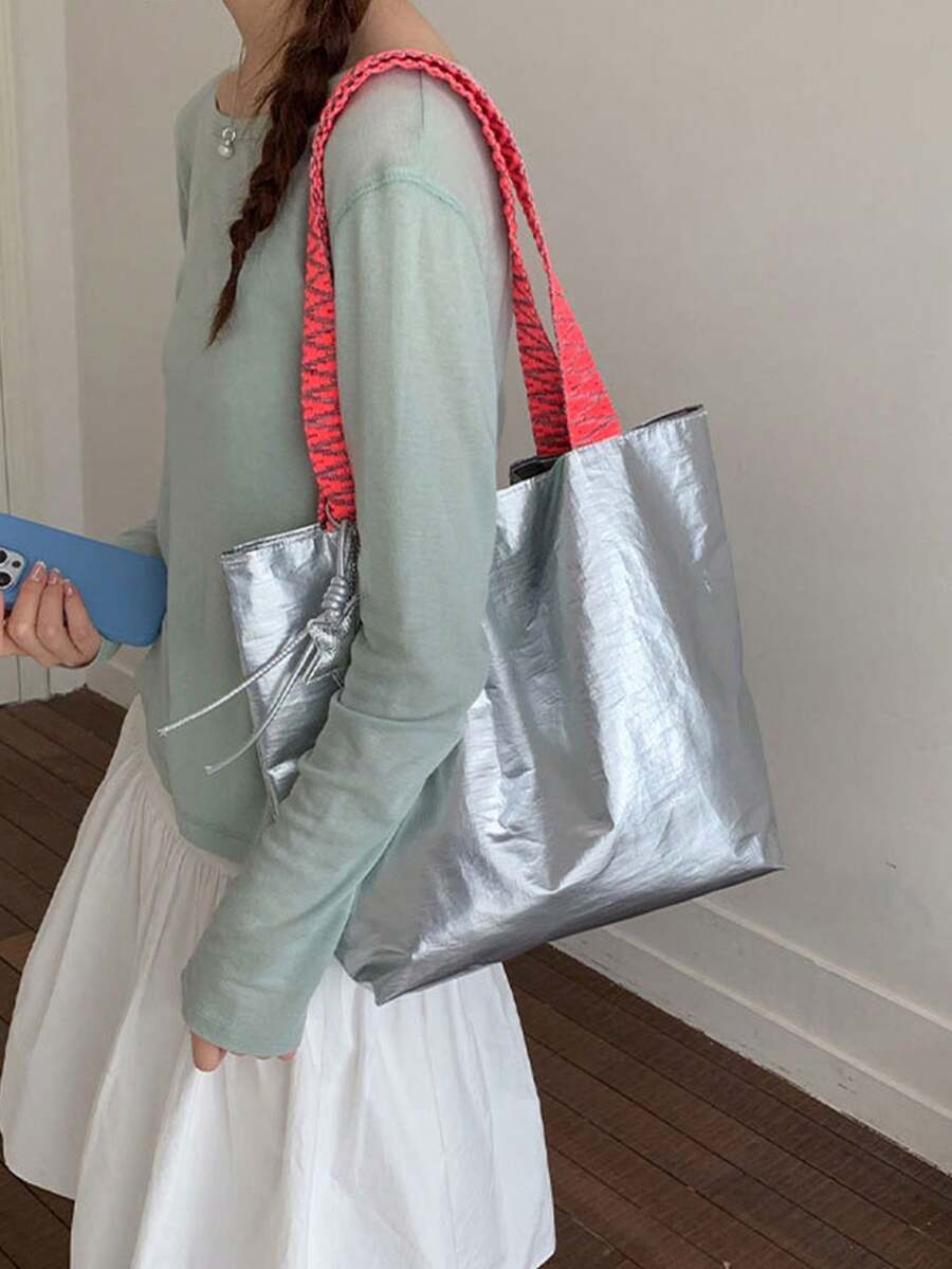 Niche Pleated Shiny Tote Bag, Neon Contrast Woven Handles, Eye-Catching Design, Side Drawstring Adjustable Shape, Large Capacity, Suitable For Daily Commute And Street Photography, Hot Girl Style