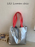 Niche Pleated Shiny Tote Bag, Neon Contrast Woven Handles, Eye-Catching Design, Side Drawstring Adjustable Shape, Large Capacity, Suitable For Daily Commute And Street Photography, Hot Girl Style
