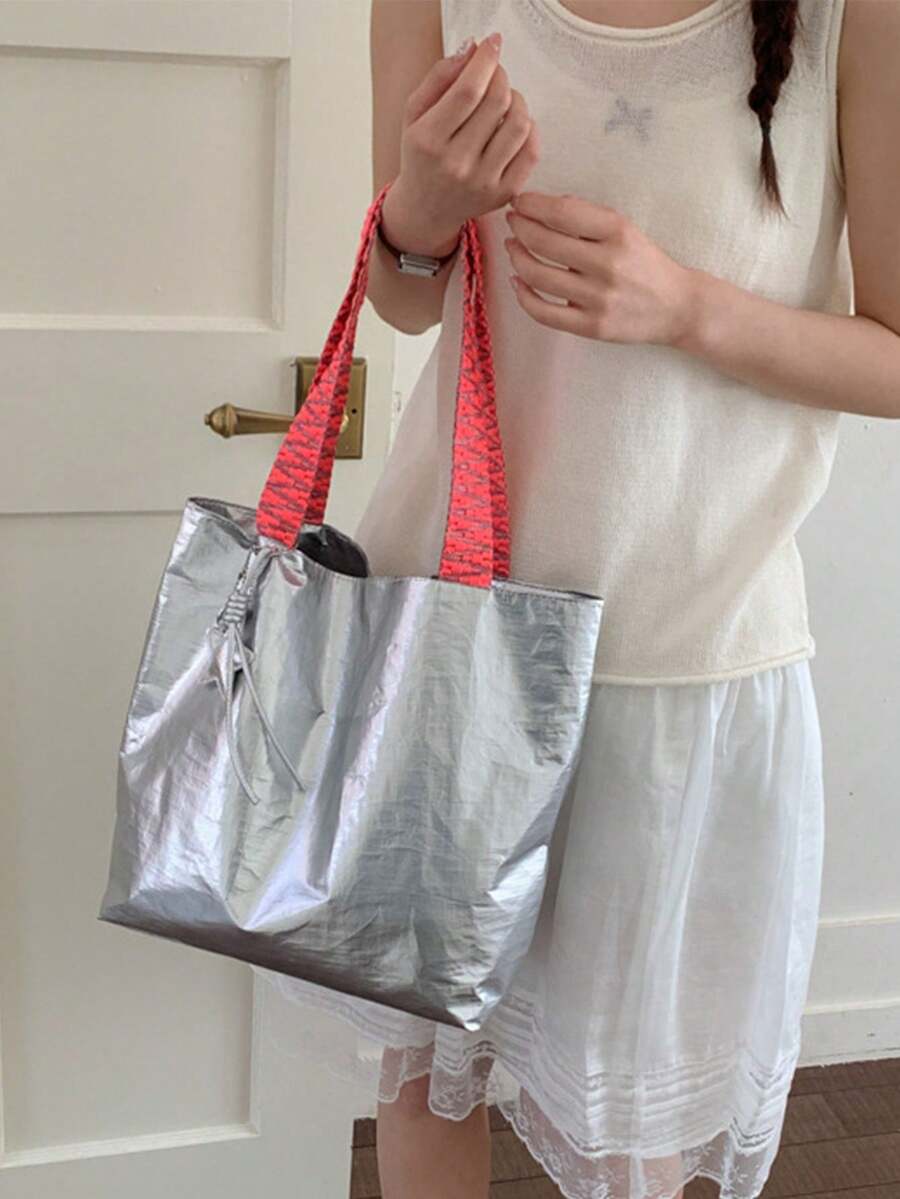 Niche Pleated Shiny Tote Bag, Neon Contrast Woven Handles, Eye-Catching Design, Side Drawstring Adjustable Shape, Large Capacity, Suitable For Daily Commute And Street Photography, Hot Girl Style