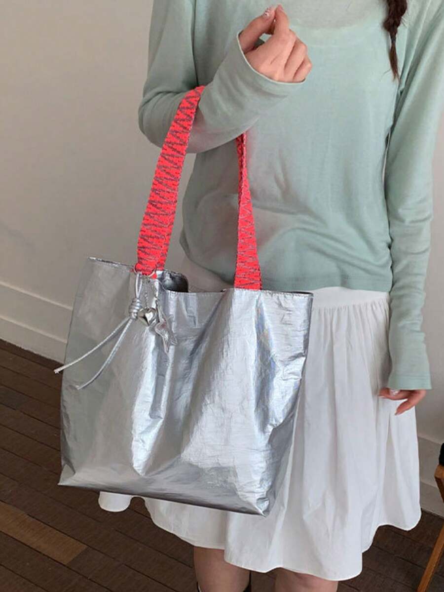 Niche Pleated Shiny Tote Bag, Neon Contrast Woven Handles, Eye-Catching Design, Side Drawstring Adjustable Shape, Large Capacity, Suitable For Daily Commute And Street Photography, Hot Girl Style