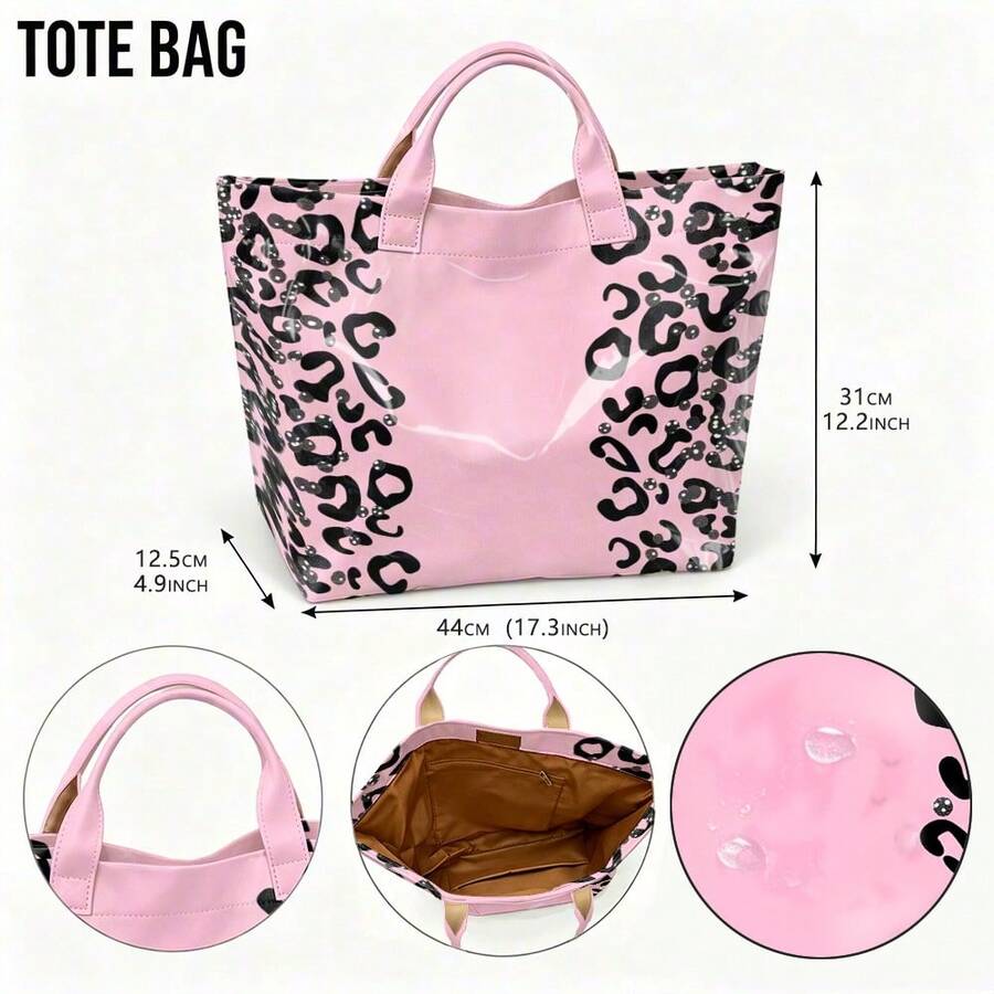 Exquisite Leopard Print Print Women'S PVC Tote Bag, Large Capacity Briefcase, For Commuting, Handbag With Short Handle, Hand Carry Only