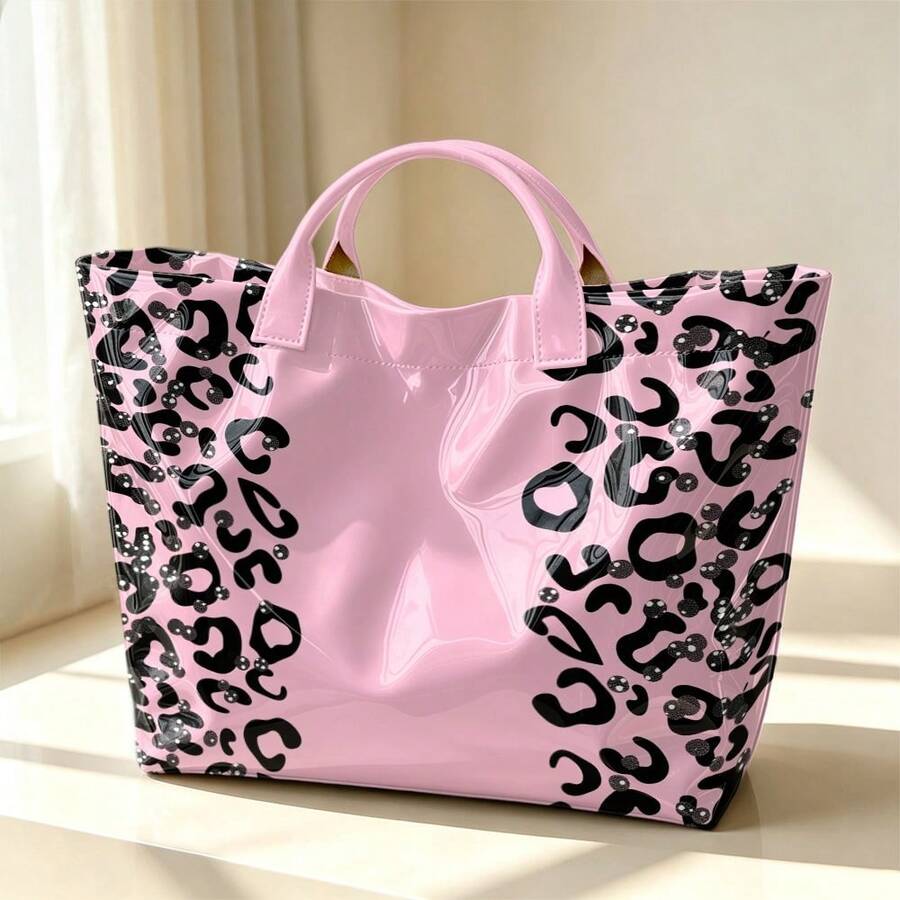 Exquisite Leopard Print Print Women'S PVC Tote Bag, Large Capacity Briefcase, For Commuting, Handbag With Short Handle, Hand Carry Only