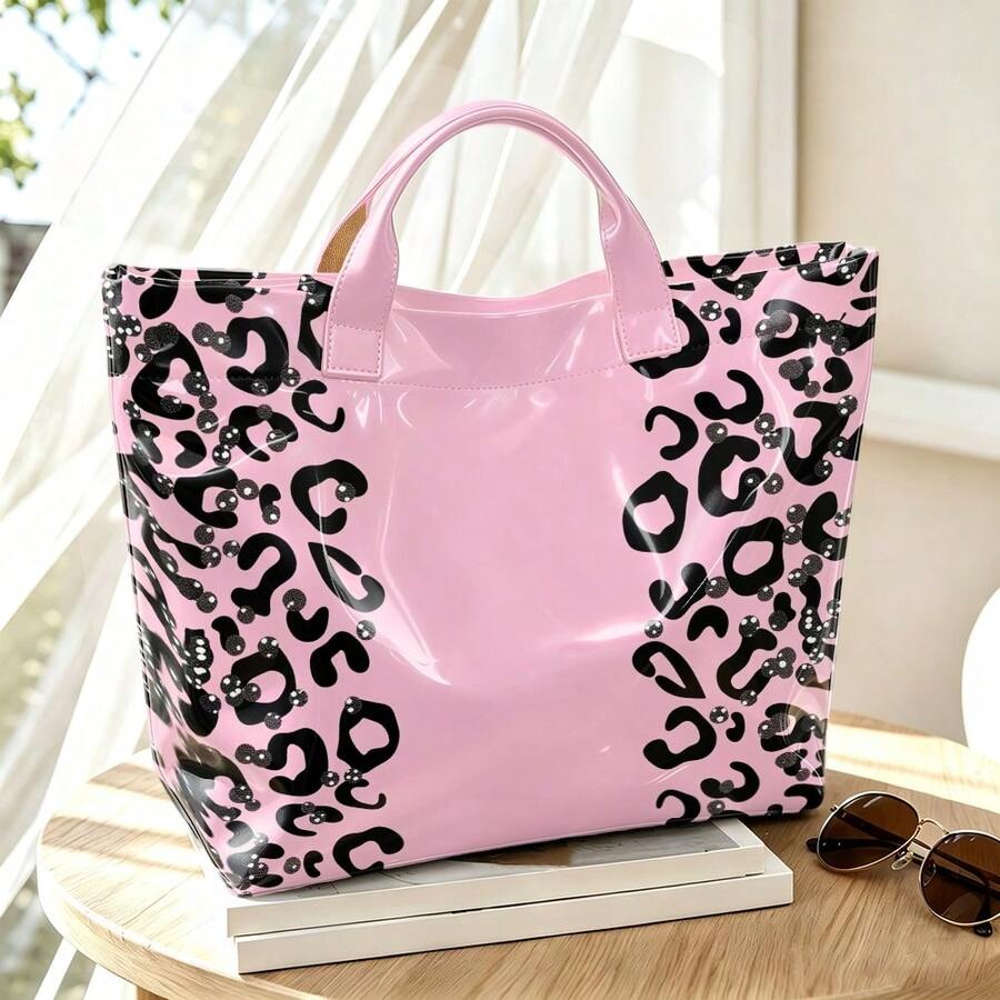 Exquisite Leopard Print Print Women'S PVC Tote Bag, Large Capacity Briefcase, For Commuting, Handbag With Short Handle, Hand Carry Only