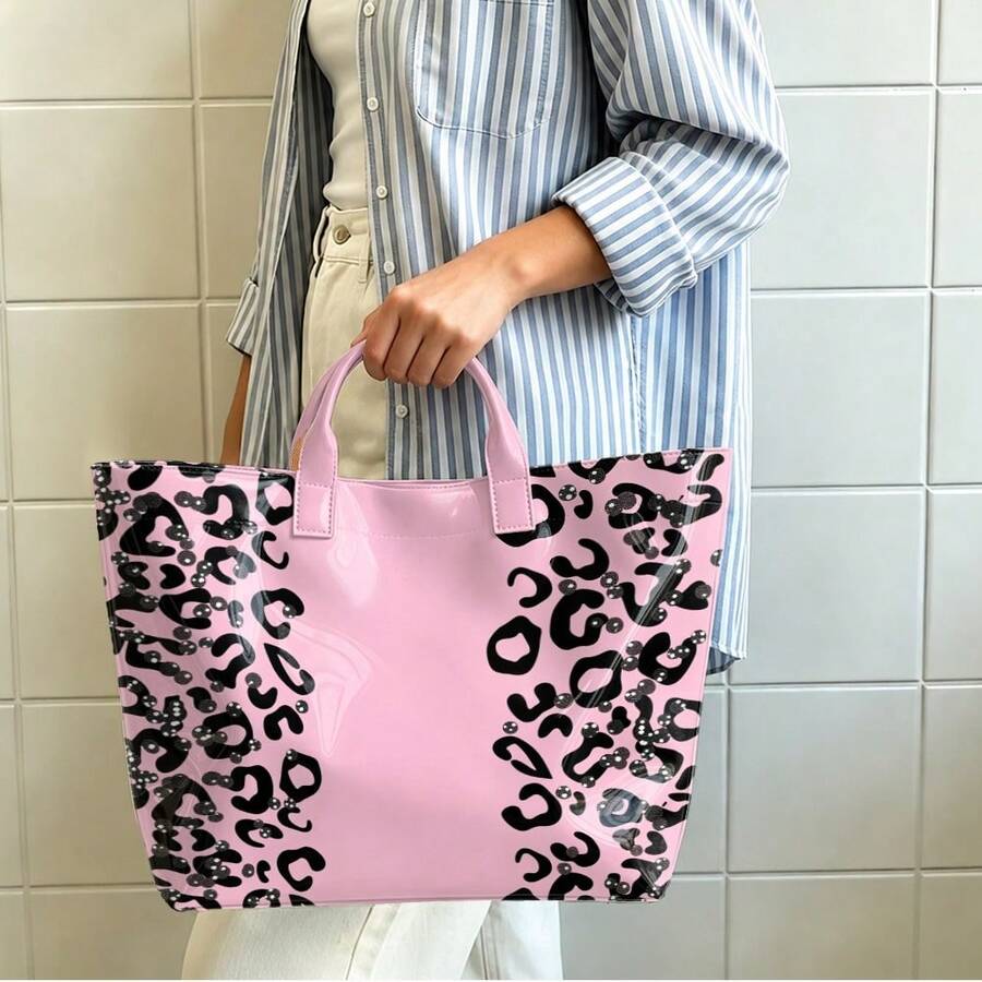 Exquisite Leopard Print Print Women'S PVC Tote Bag, Large Capacity Briefcase, For Commuting, Handbag With Short Handle, Hand Carry Only