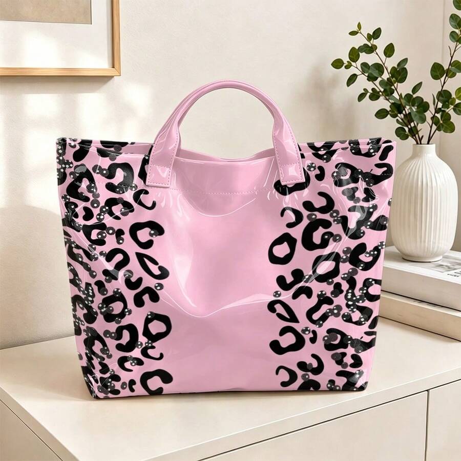 Exquisite Leopard Print Print Women'S PVC Tote Bag, Large Capacity Briefcase, For Commuting, Handbag With Short Handle, Hand Carry Only