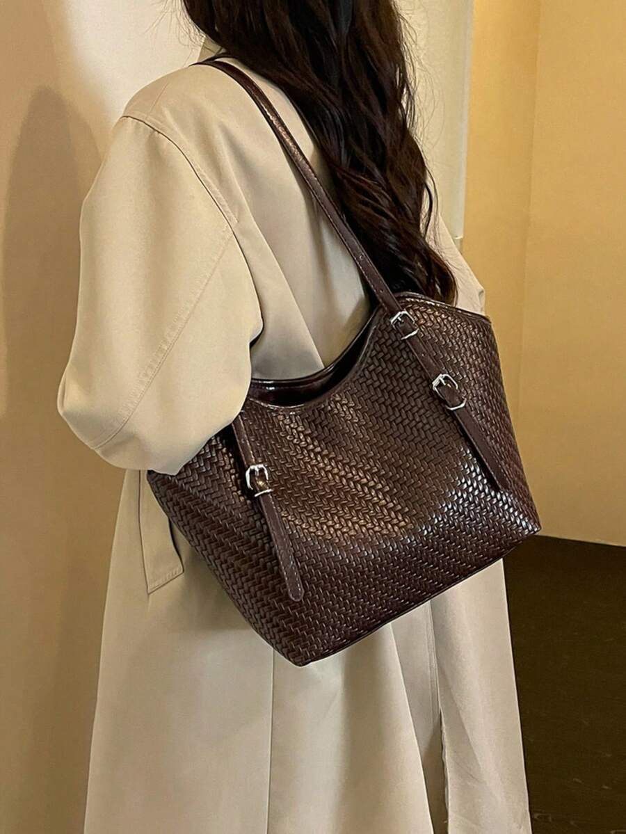 Woven Texture Tote Bag Women Korean Style Fashion Casual Large Capacity Shoulder Bag Commuter Handbag Personalized Commuter Woven Tote Bag