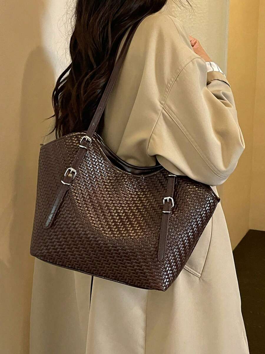 Woven Texture Tote Bag Women Korean Style Fashion Casual Large Capacity Shoulder Bag Commuter Handbag Personalized Commuter Woven Tote Bag