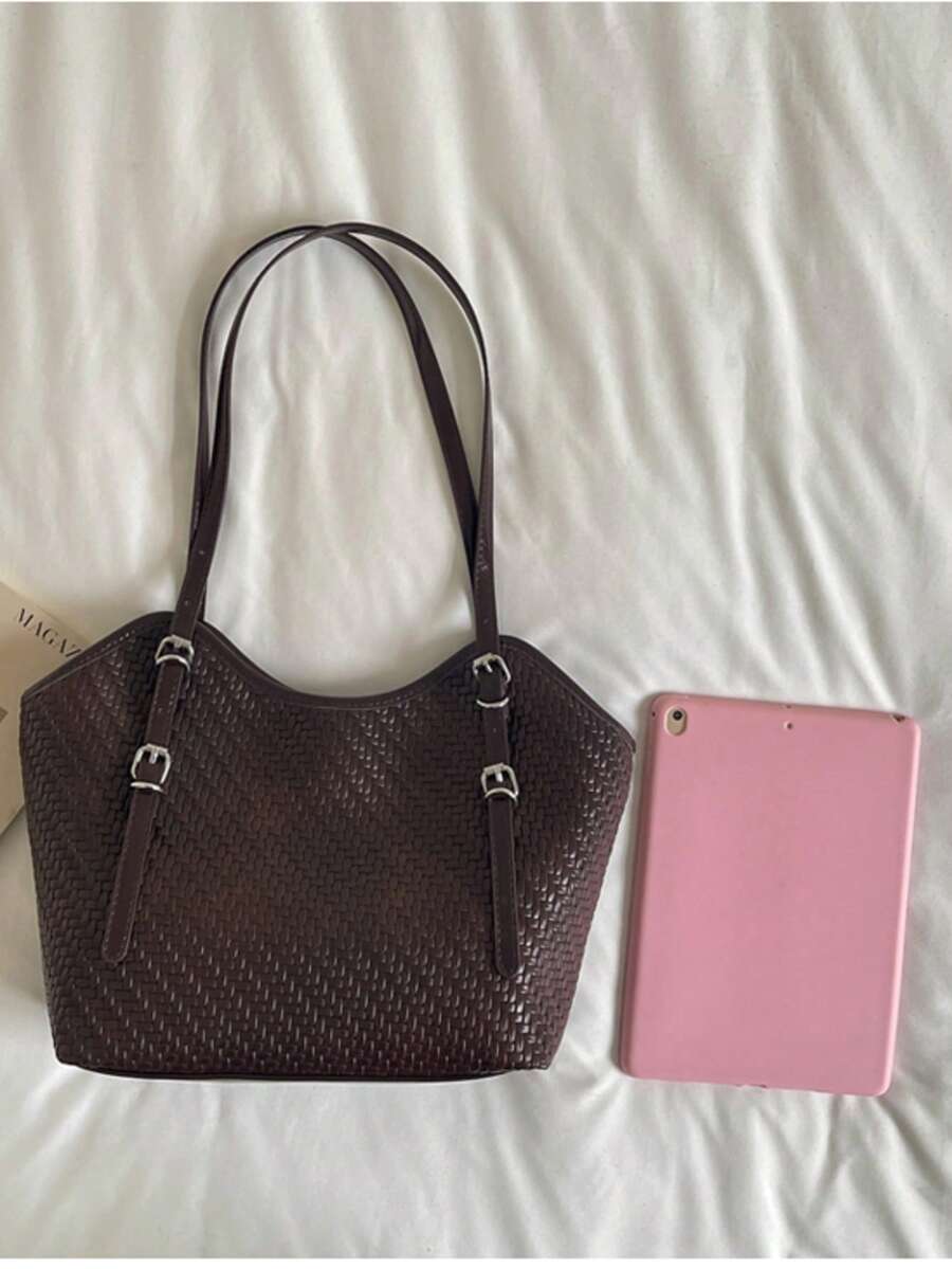 Woven Texture Tote Bag Women Korean Style Fashion Casual Large Capacity Shoulder Bag Commuter Handbag Personalized Commuter Woven Tote Bag