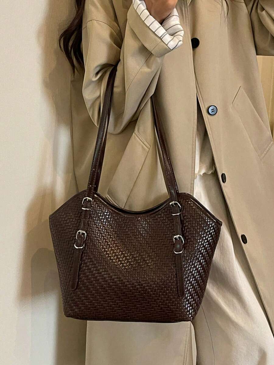 Woven Texture Tote Bag Women Korean Style Fashion Casual Large Capacity Shoulder Bag Commuter Handbag Personalized Commuter Woven Tote Bag