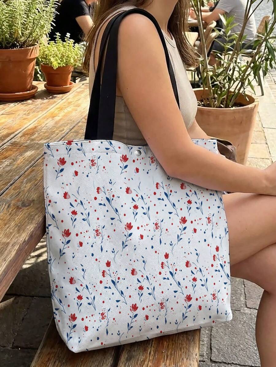 1pc Ditsy Floral Print Canvas Tote Bag, Snap Button Large Capacity Shoulder Handbag, Mummy Bag, Casual Daily Bag For Work School Shopping Ideal Gift