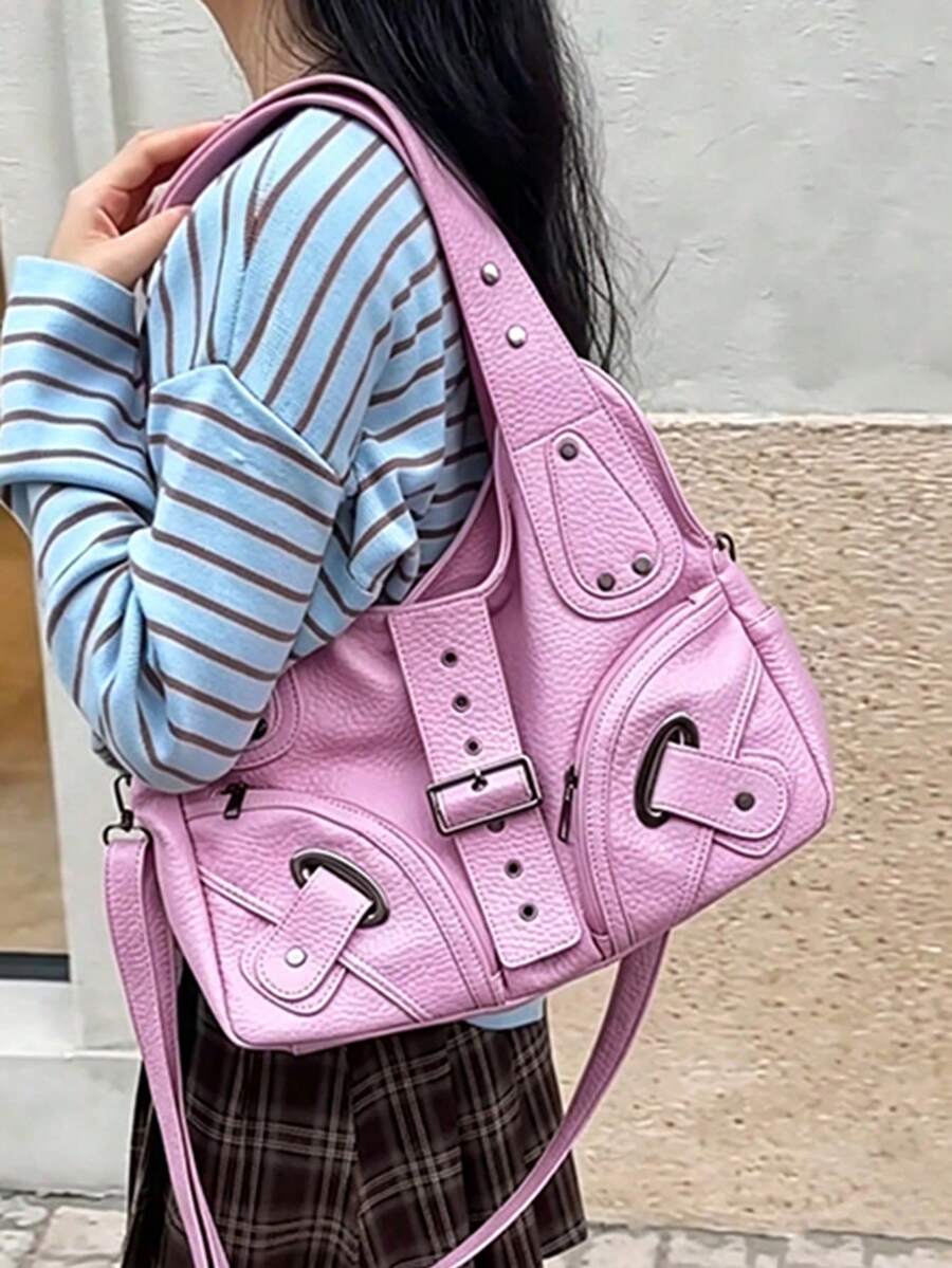 Nicekee Motorcycle Street Style Fashionable Multi Functional Handbag, Riveted Zipper Decorative Shoulder Bag, Multi Pocket Multi Functional Tote Bag