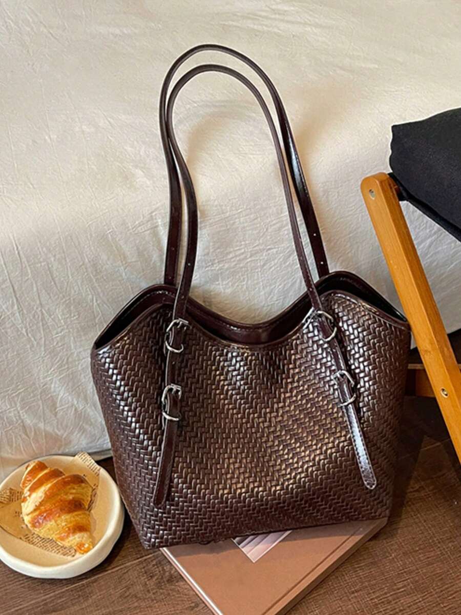 Woven Texture Tote Bag Women Korean Style Fashion Casual Large Capacity Shoulder Bag Commuter Handbag Personalized Commuter Woven Tote Bag