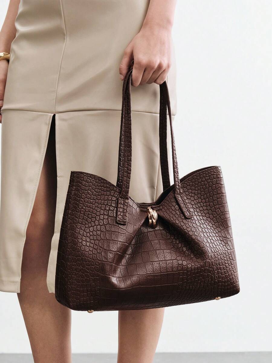 SHECARRY Women's Fashion Brown Tote Bag, Retro Alligator Pattern Large Capacity Shoulder Bag, For Daily, Commuting, Shopping, Travel