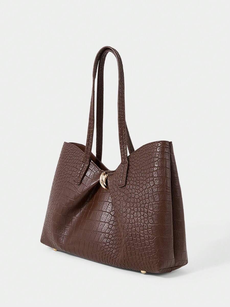 SHECARRY Women's Fashion Brown Tote Bag, Retro Alligator Pattern Large Capacity Shoulder Bag, For Daily, Commuting, Shopping, Travel