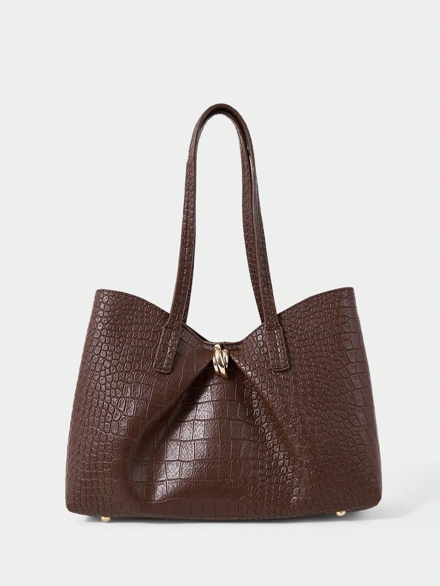 SHECARRY Women's Fashion Brown Tote Bag, Retro Alligator Pattern Large Capacity Shoulder Bag, For Daily, Commuting, Shopping, Travel