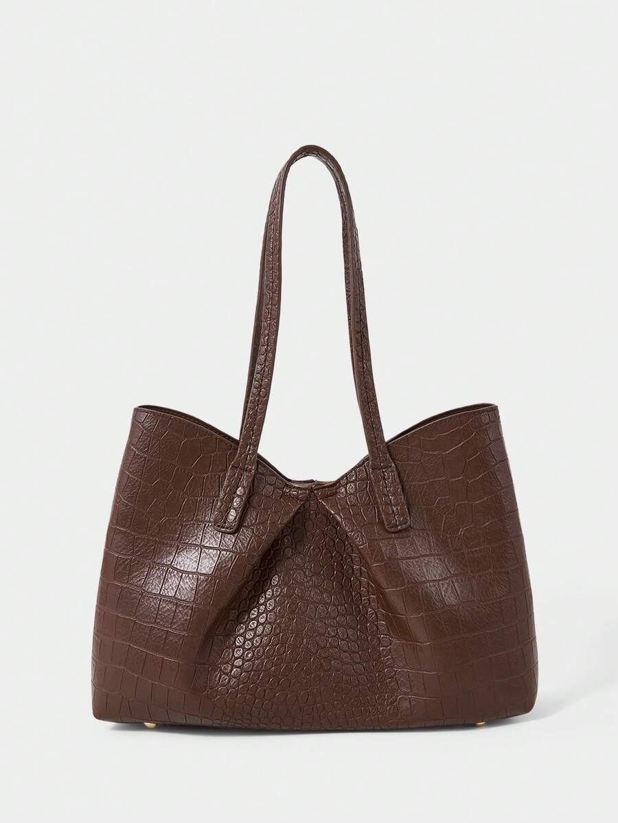 SHECARRY Women's Fashion Brown Tote Bag, Retro Alligator Pattern Large Capacity Shoulder Bag, For Daily, Commuting, Shopping, Travel