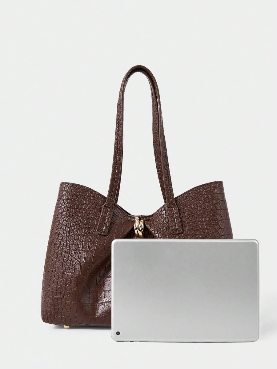 SHECARRY Women's Fashion Brown Tote Bag, Retro Alligator Pattern Large Capacity Shoulder Bag, For Daily, Commuting, Shopping, Travel