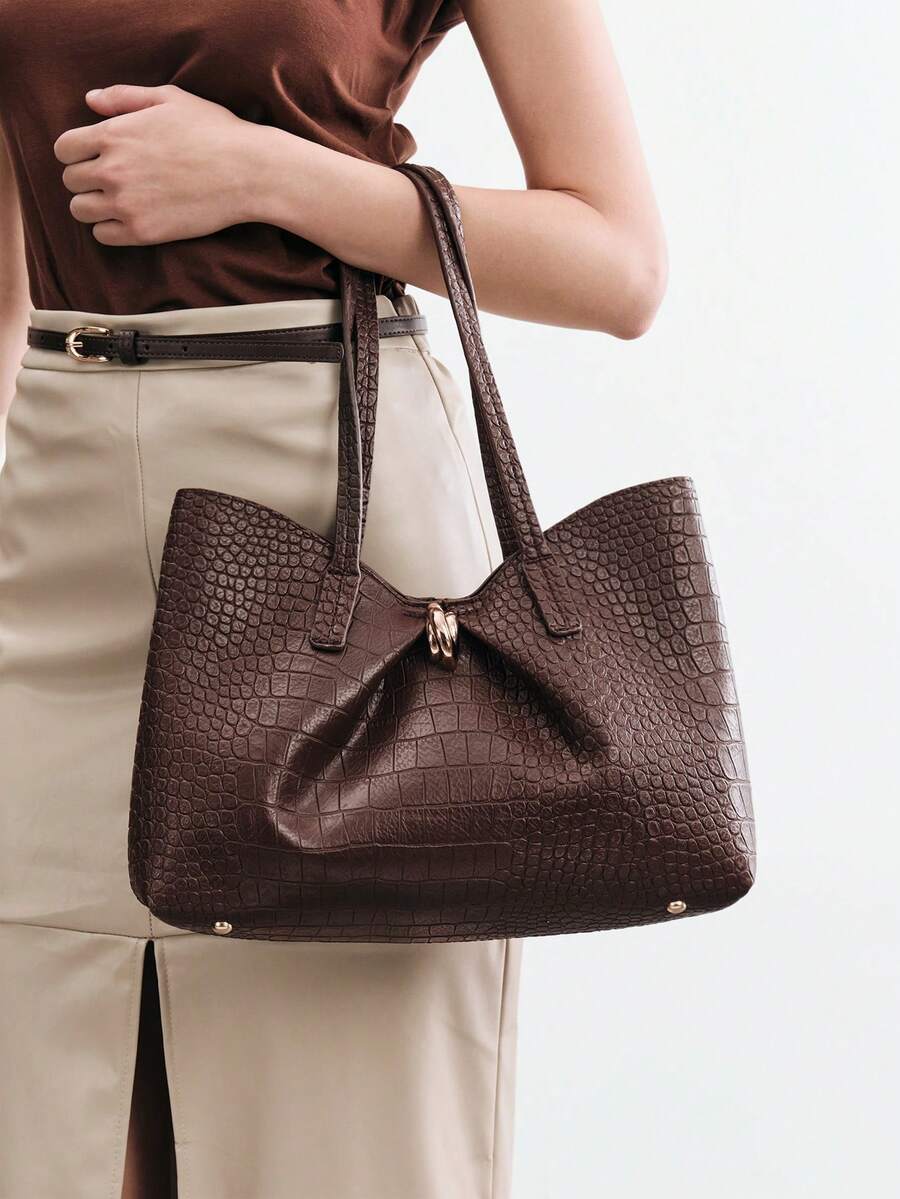 SHECARRY Women's Fashion Brown Tote Bag, Retro Alligator Pattern Large Capacity Shoulder Bag, For Daily, Commuting, Shopping, Travel