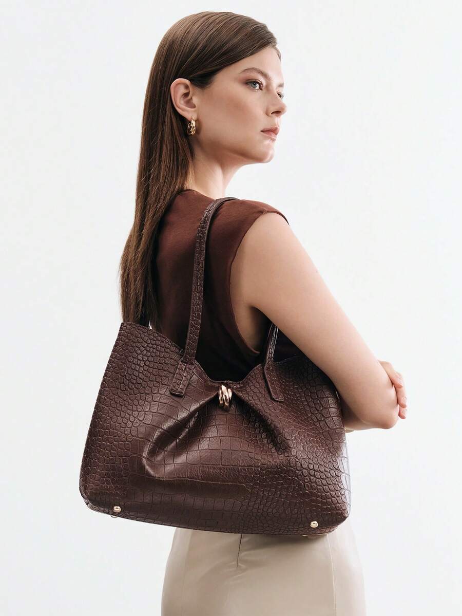 SHECARRY Women's Fashion Brown Tote Bag, Retro Alligator Pattern Large Capacity Shoulder Bag, For Daily, Commuting, Shopping, Travel
