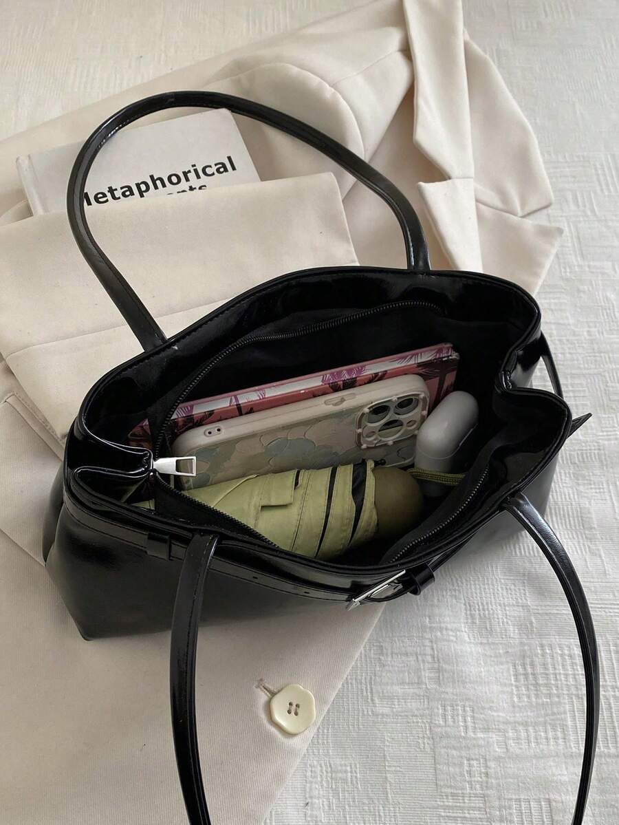 1PC Soft Long Tote Bag With Dual Long Handles, Knot Metal Closure Decoration, Badminton-Shaped Woven Strap Charm, Embossed Letter Logo, Gentle Girl Style Commuter Knot Handbag Design, Convertible Shou