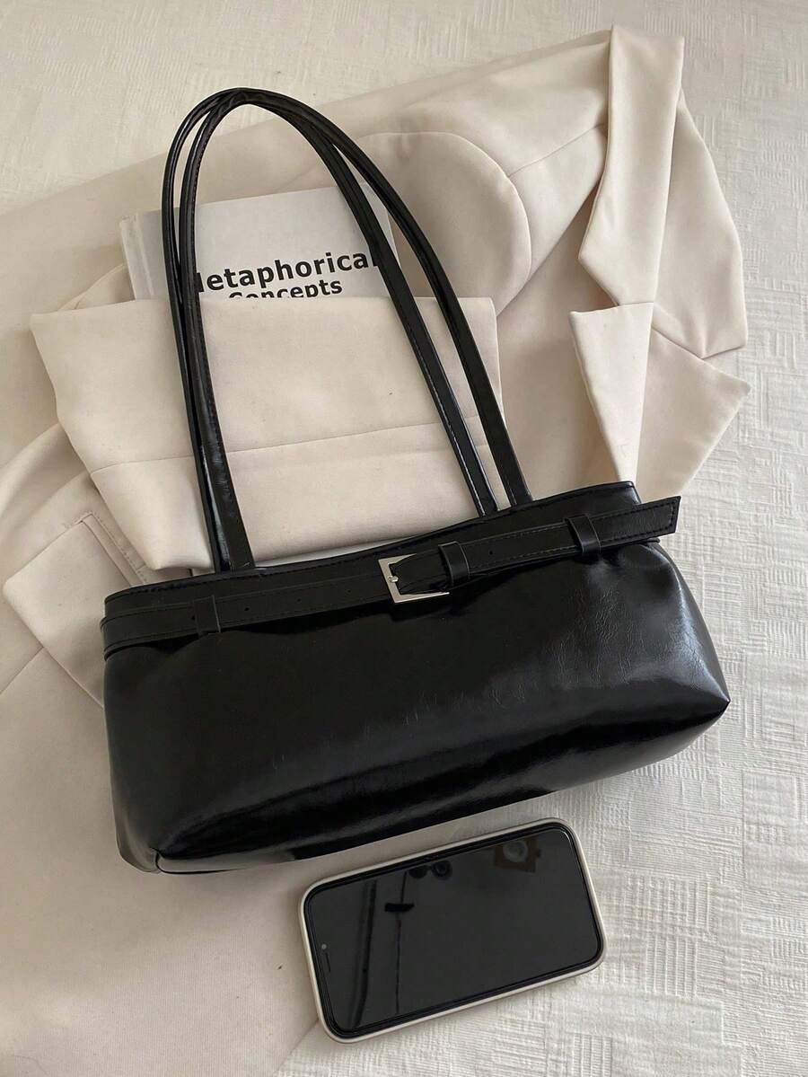 1PC Soft Long Tote Bag With Dual Long Handles, Knot Metal Closure Decoration, Badminton-Shaped Woven Strap Charm, Embossed Letter Logo, Gentle Girl Style Commuter Knot Handbag Design, Convertible Shou