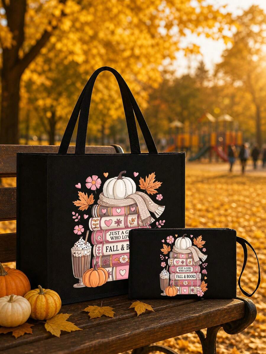 Pumpkin Coffee Book Print Tote Bag & Mini Storage Bag Set- Autumn Book Theme Pattern Handbag, Large Capacity Makeup Bag With Hand Strap, Christmas Gift, Black Linen Coin Purse, Black Square Shopping