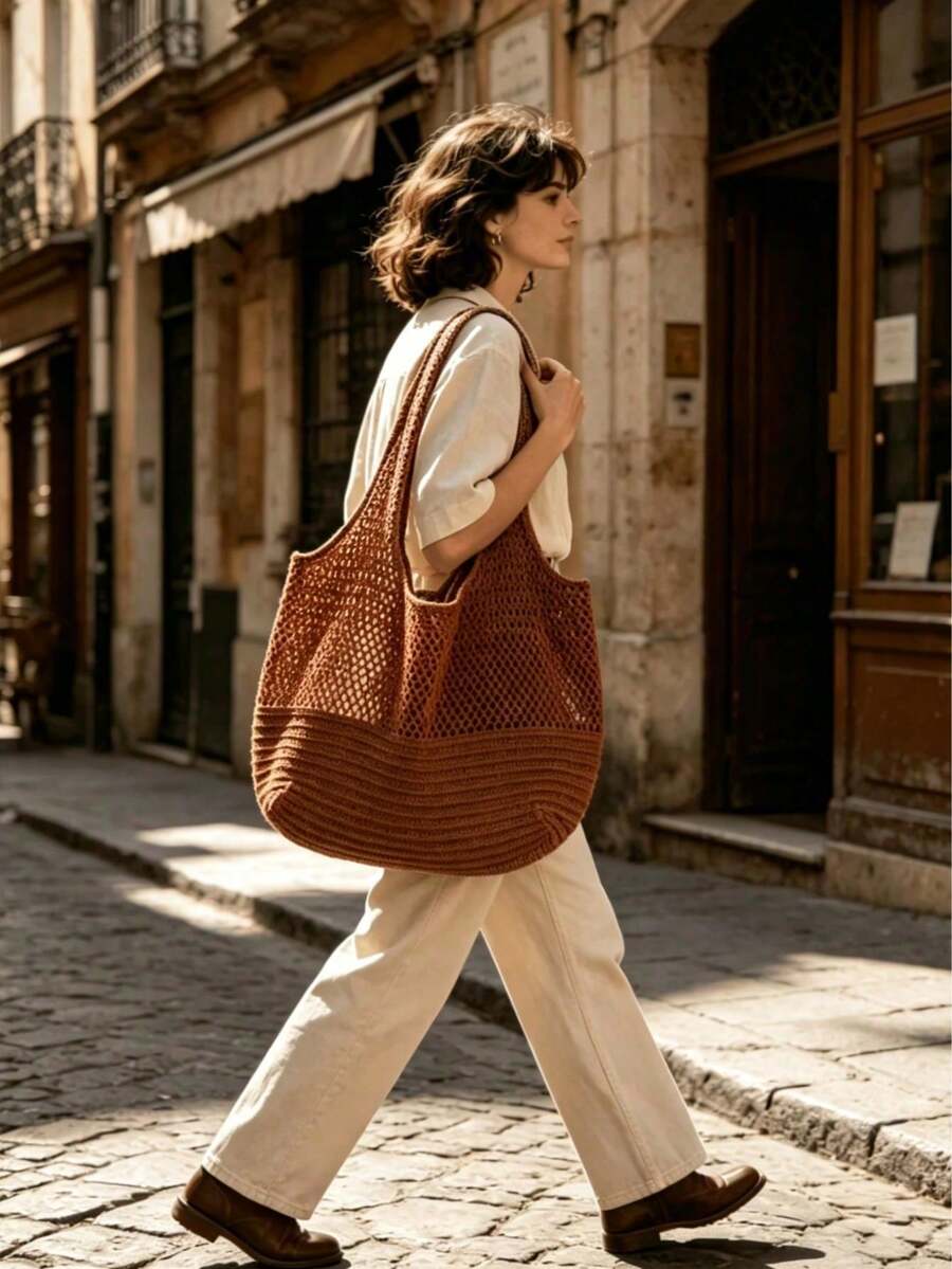 Women's Spring Beach Bag, Crochet Tote Bag, Large Capacity Fashion Shoulder Bag, Travel Essential, Suitable For Students And Working Women.