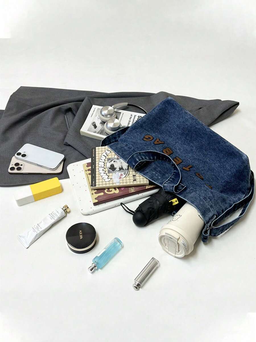 Denim Tote Bag Letter Patch Handbag Adjustable Strap Crossbody Tote Vintage Washed Denim Shoulder Bag Large Capacity Casual Daily Bag Women Fashion Wo