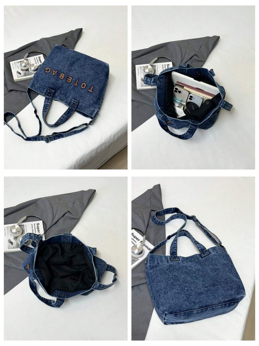 Denim Tote Bag Letter Patch Handbag Adjustable Strap Crossbody Tote Vintage Washed Denim Shoulder Bag Large Capacity Casual Daily Bag Women Fashion Wo