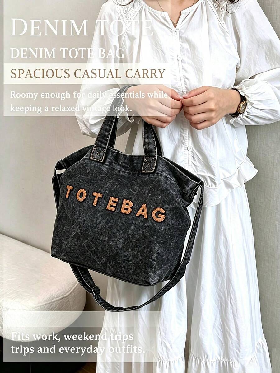 Denim Tote Bag Letter Patch Handbag Adjustable Strap Crossbody Tote Vintage Washed Denim Shoulder Bag Large Capacity Casual Daily Bag Women Fashion Wo
