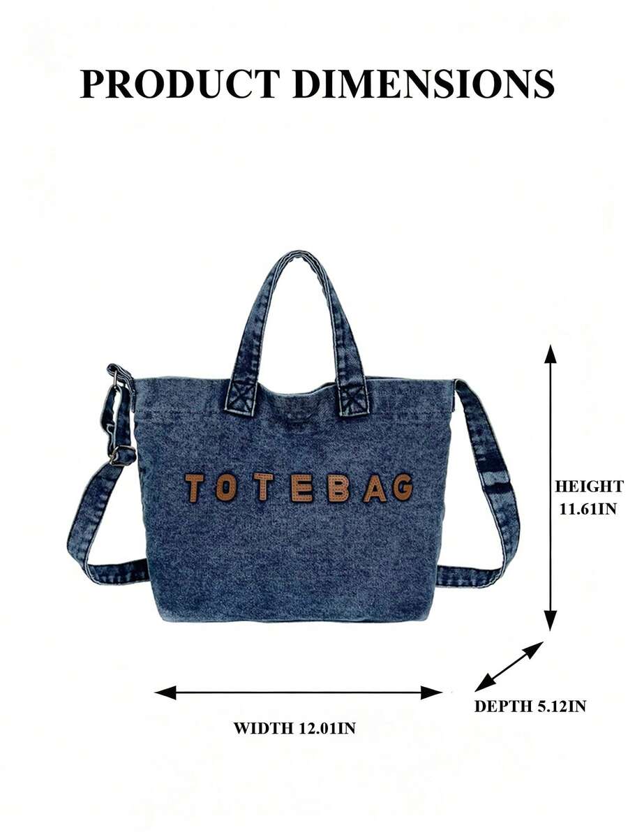 Denim Tote Bag Letter Patch Handbag Adjustable Strap Crossbody Tote Vintage Washed Denim Shoulder Bag Large Capacity Casual Daily Bag Women Fashion Wo