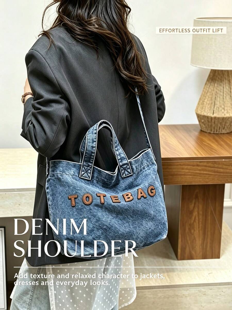 Denim Tote Bag Letter Patch Handbag Adjustable Strap Crossbody Tote Vintage Washed Denim Shoulder Bag Large Capacity Casual Daily Bag Women Fashion Wo