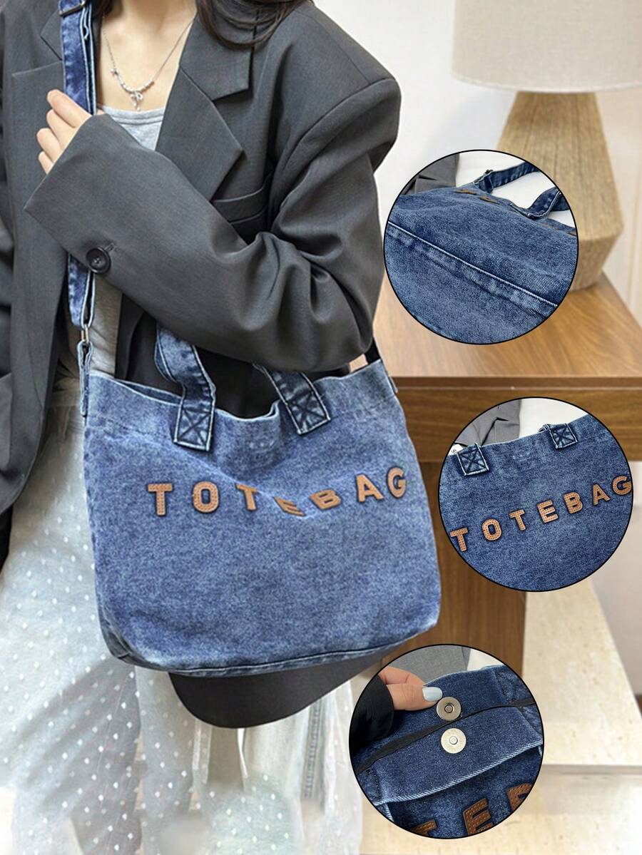 Denim Tote Bag Letter Patch Handbag Adjustable Strap Crossbody Tote Vintage Washed Denim Shoulder Bag Large Capacity Casual Daily Bag Women Fashion Wo
