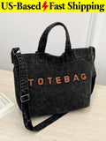Denim Tote Bag Letter Patch Handbag Adjustable Strap Crossbody Tote Vintage Wash