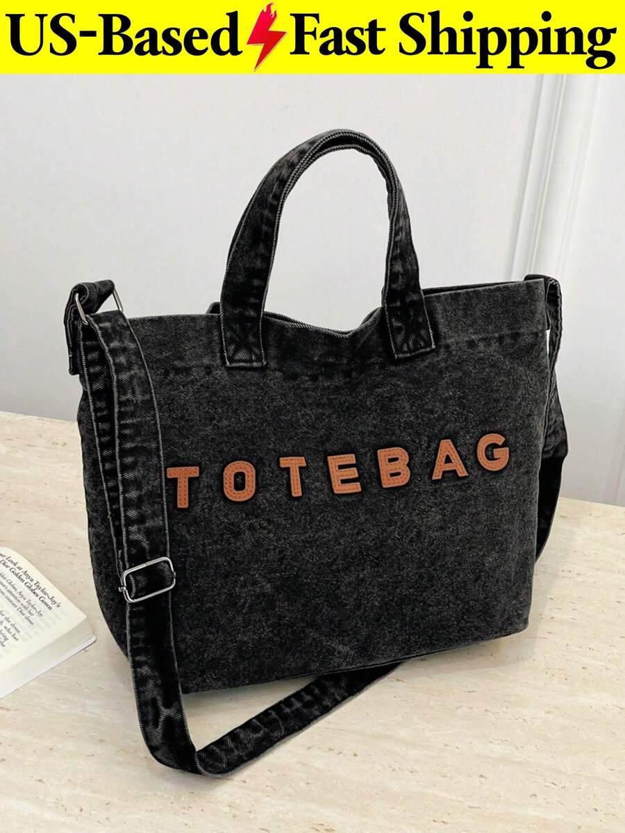 Denim Tote Bag Letter Patch Handbag Adjustable Strap Crossbody Tote Vintage Washed Denim Shoulder Bag Large Capacity Casual Daily Bag Women Fashion Wo