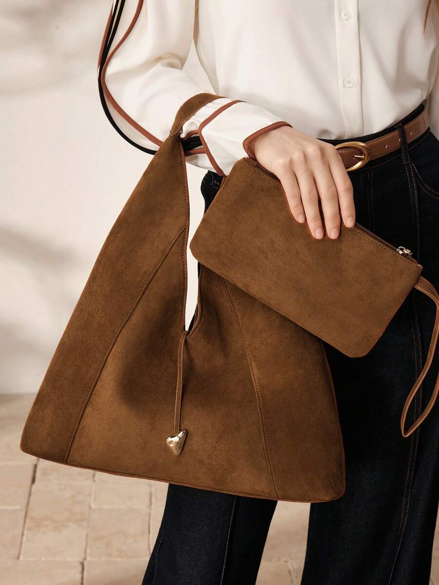 MOTF WOMEN'S FASHION BROWN TOTE BAG, SOFT IMITATION SUEDE MATERIAL, EXQUISITE STRAP, SIMPLE LARGE-CAPACITY SHOULDER BAG, FOR DAILY, COMMUTING, SHOPPING