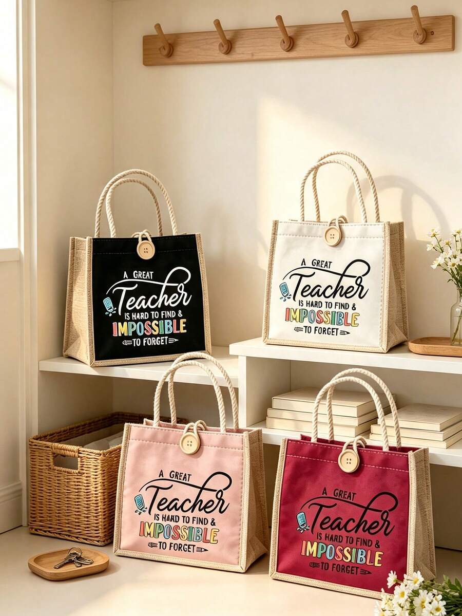 "Teacher" Letter Print Linen Tote Bag With Buckle, Makeup Organizer Bag, Minimalist Letter Print Inspirational Linen Handbag, Pink Letter & Floral Print Reusable Linen Shopping Bag| Lightweight Folda