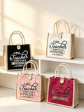 "Teacher" Letter Print Linen Tote Bag With Buckle, Makeup Organizer Bag