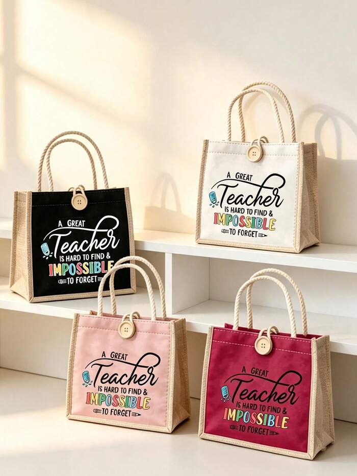 "Teacher" Letter Print Linen Tote Bag With Buckle, Makeup Organizer Bag
