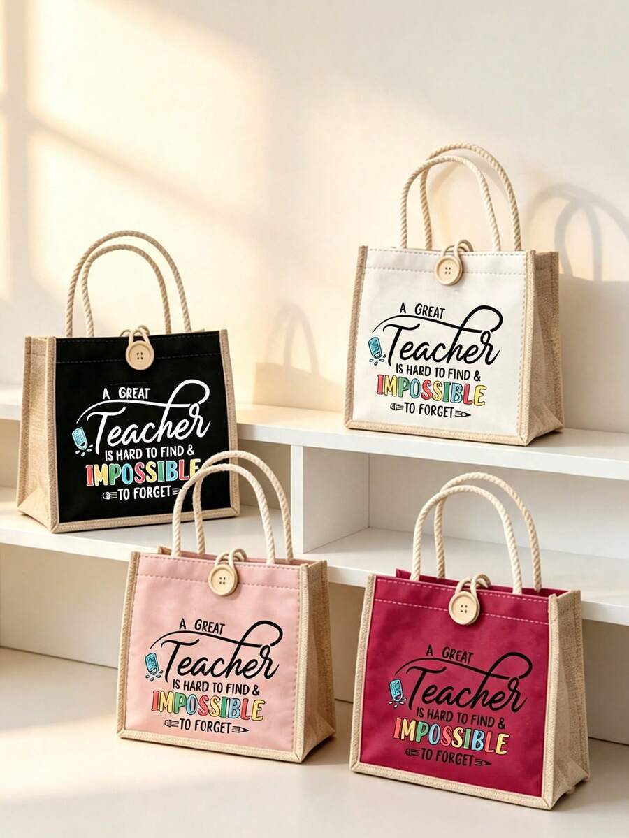 "Teacher" Letter Print Linen Tote Bag With Buckle, Makeup Organizer Bag, Minimalist Letter Print Inspirational Linen Handbag, Pink Letter & Floral Print Reusable Linen Shopping Bag| Lightweight Folda