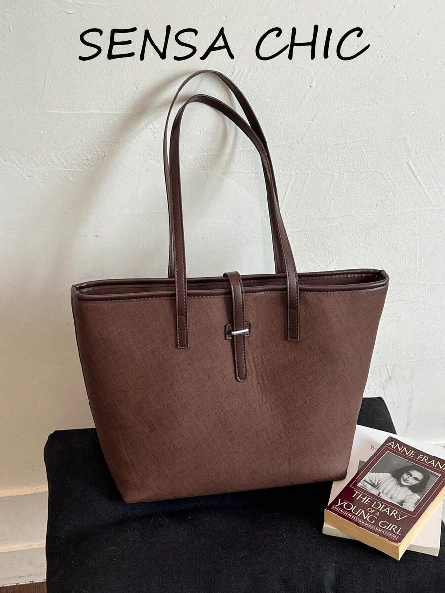 Ins Maillard Vintage Tote Bag, Cross-Grain Wear-Resistant Metal Buckle, Minimalist Design, Large Capacity Commuter Bag, Student Office Worker Daily Travel Elegant Handbag Shoulder Bag