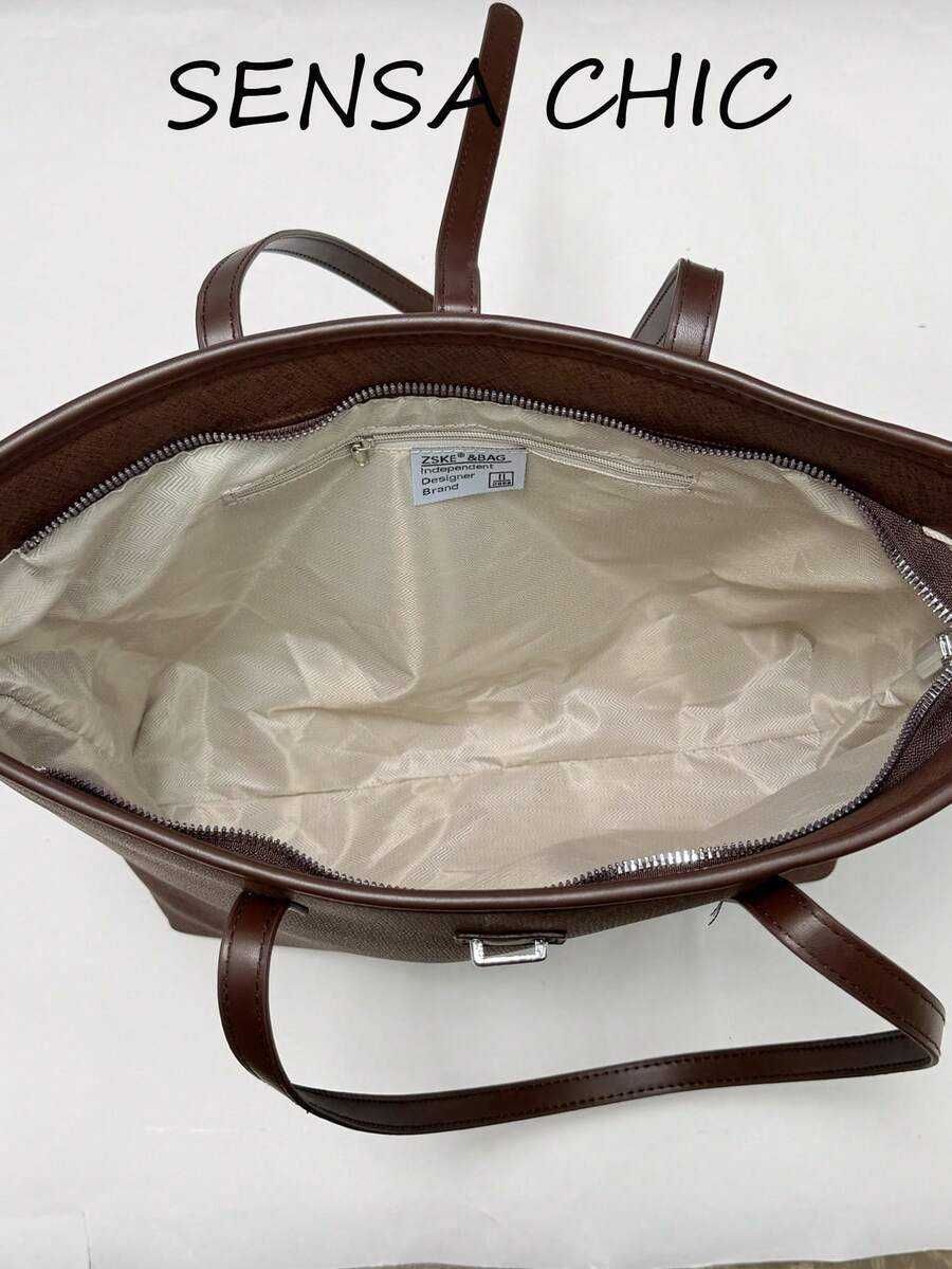 Ins Maillard Vintage Tote Bag, Cross-Grain Wear-Resistant Metal Buckle, Minimalist Design, Large Capacity Commuter Bag, Student Office Worker Daily Travel Elegant Handbag Shoulder Bag