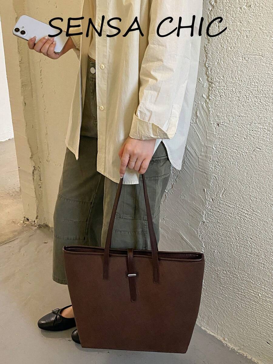 Ins Maillard Vintage Tote Bag, Cross-Grain Wear-Resistant Metal Buckle, Minimalist Design, Large Capacity Commuter Bag, Student Office Worker Daily Travel Elegant Handbag Shoulder Bag
