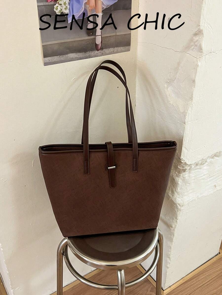Ins Maillard Vintage Tote Bag, Cross-Grain Wear-Resistant Metal Buckle, Minimalist Design, Large Capacity Commuter Bag, Student Office Worker Daily Travel Elegant Handbag Shoulder Bag
