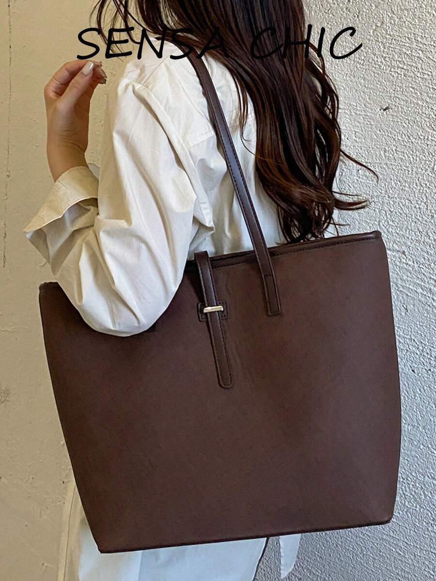 Ins Maillard Vintage Tote Bag, Cross-Grain Wear-Resistant Metal Buckle, Minimalist Design, Large Capacity Commuter Bag, Student Office Worker Daily Travel Elegant Handbag Shoulder Bag