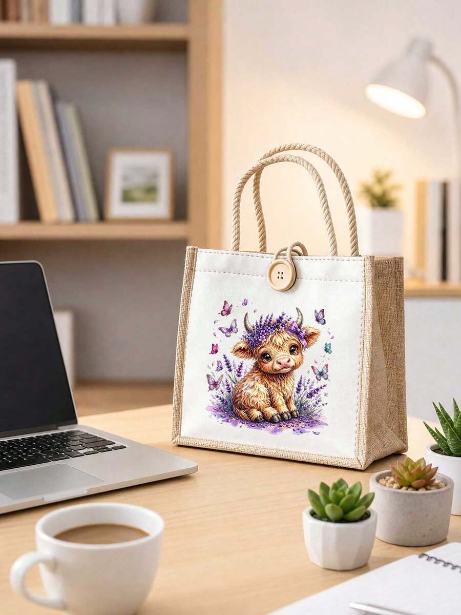 Cute Highland Cow Lavender Butterfly Print Tote Bag, Handbag, Large Capacity Reusable Shopping Shoulder Bag, Travel Shopping Bag, Multi-Functional Storage Bag, Makeup Bag, School Bag, Shoulder Bag, Su