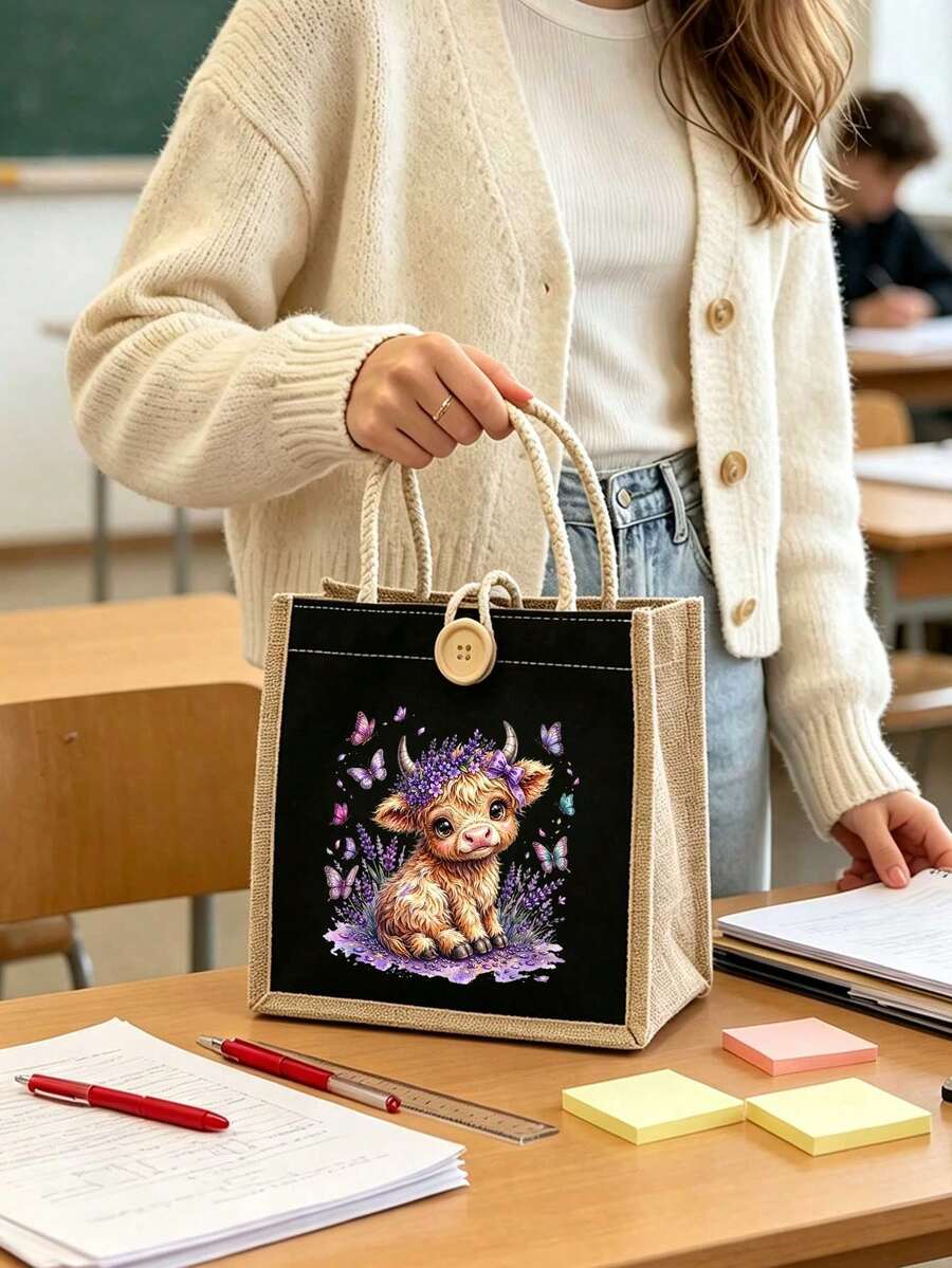 Cute Highland Cow Lavender Butterfly Print Tote Bag, Handbag, Large Capacity Reusable Shopping Shoulder Bag, Travel Shopping Bag, Multi-Functional Storage Bag, Makeup Bag, School Bag, Shoulder Bag, Su