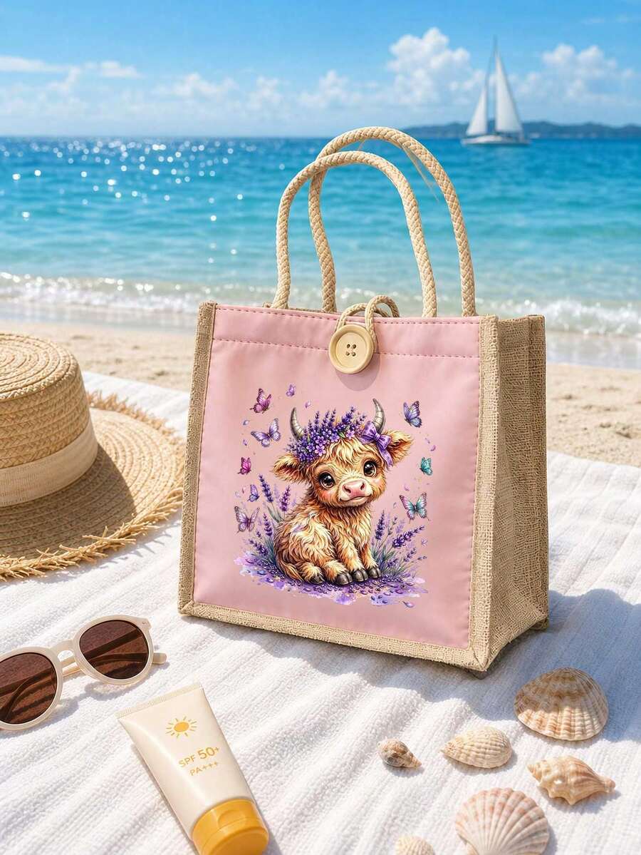 Cute Highland Cow Lavender Butterfly Print Tote Bag, Handbag, Large Capacity Reusable Shopping Shoulder Bag, Travel Shopping Bag, Multi-Functional Storage Bag, Makeup Bag, School Bag, Shoulder Bag, Su